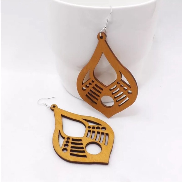 Hand Carves Hollow Wood Drop Earrings - Picture 2 of 4